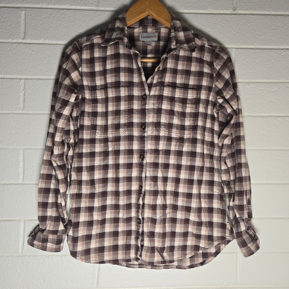 Carhartt Womens Button Shirt Brown Plaid Medium 103226 Flannel Fall Workwear